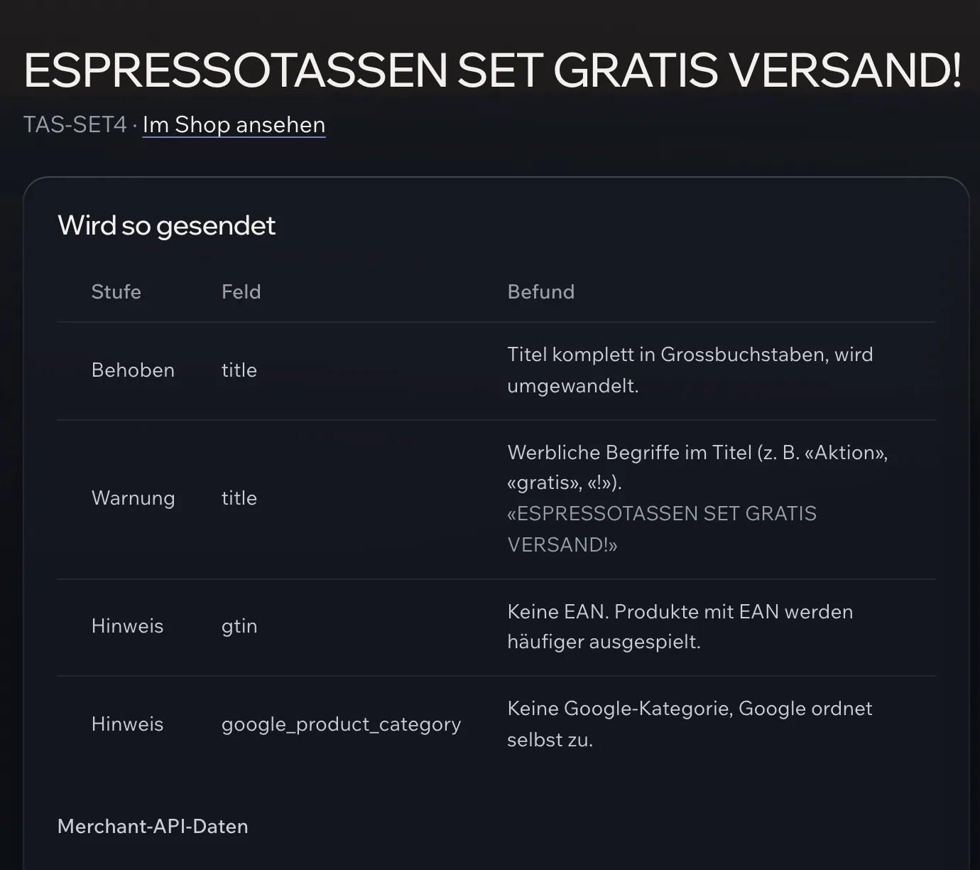 Produktansicht eines Musterprodukts: Titel in Grossbuchstaben behoben, werbliche Begriffe gewarnt, fehlendes Produktbild blockiert