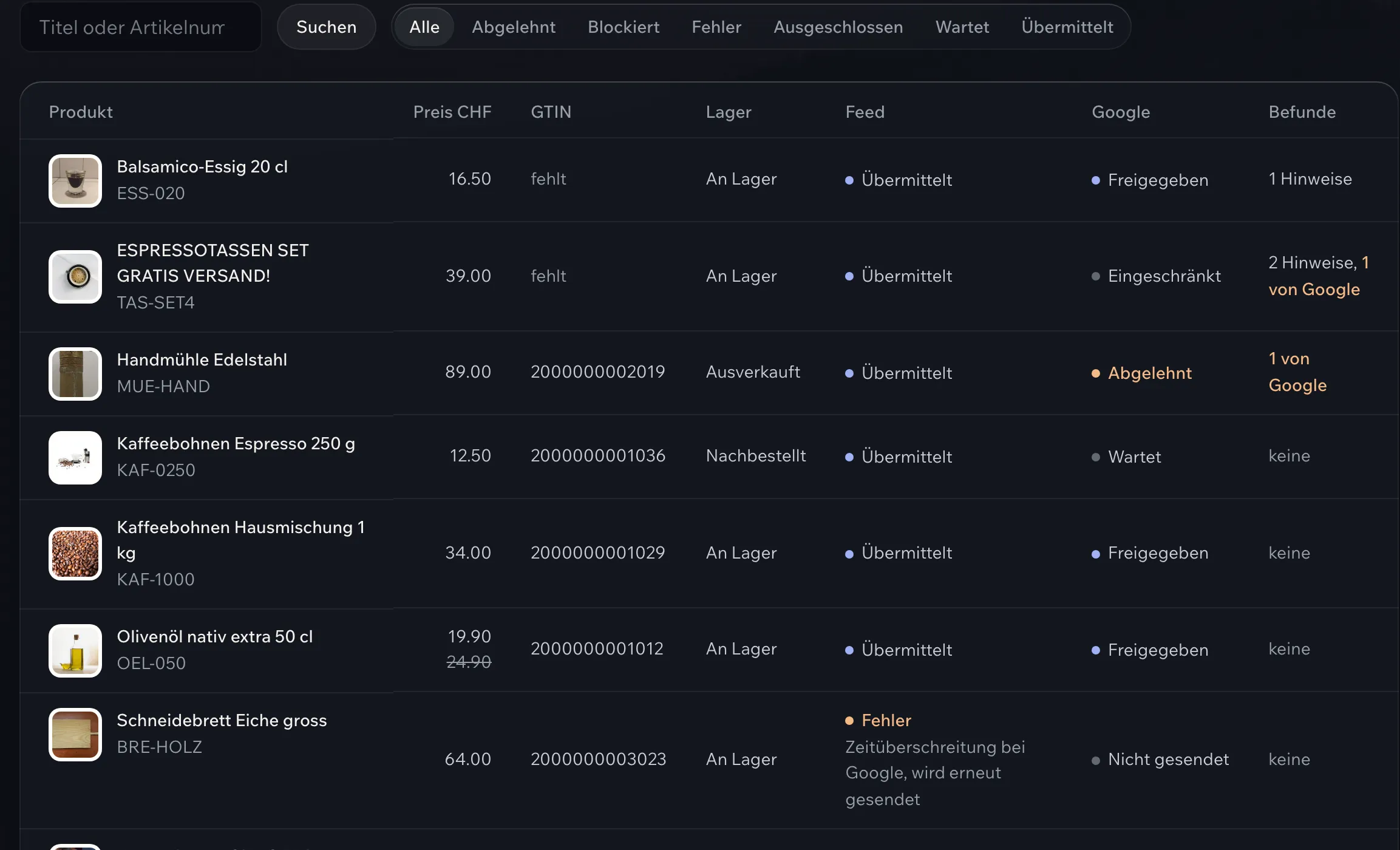 feedmatters-Dashboard eines Muster-Shops: Produktliste mit Preis, GTIN, Lager, Feed- und Google-Status