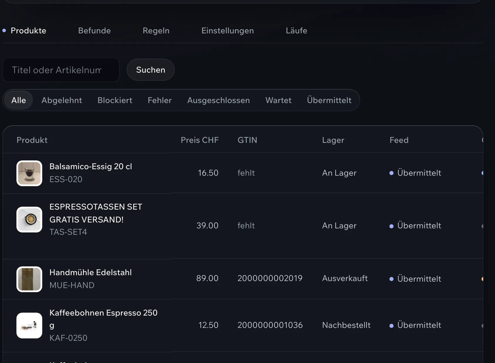 Produktliste mit Preis, GTIN, Lager, Feed-Status und Google-Status pro Artikel